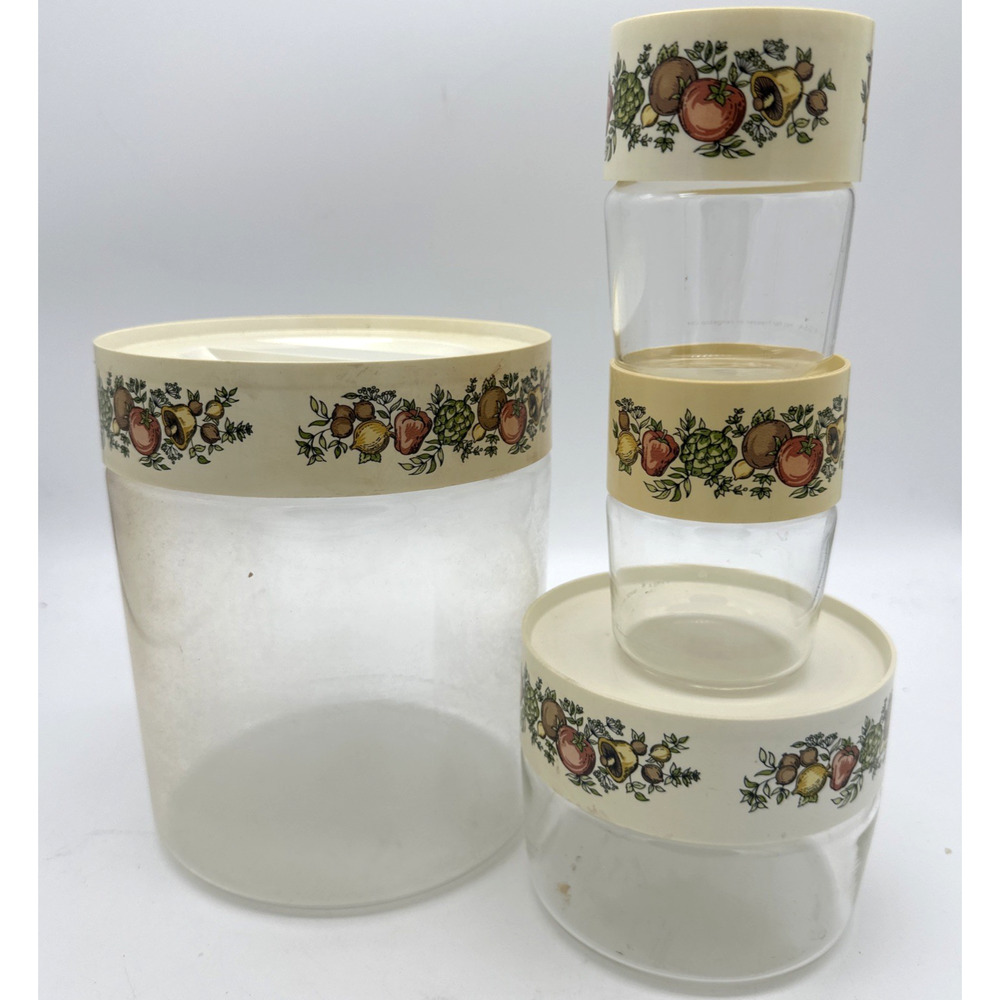 4 Vintage Pyrex Glass Canisters Set See 'n Store Jars Mushroom Veggies USA